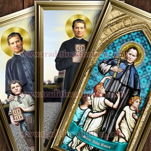 Saint John Bosco handcrafted stained glass and statue framed prints. 7x14 size. St. John Bosco prints