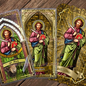 Saint Mark the Evangelist Catholic Holy Prayer Cards. St. Mark stained glass art. St. Mark laminated and lace cards.