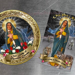 May include: A round, gold-framed magnet with a depiction of Our Lady of Thunder Candle. The image shows a woman in a blue robe holding a candle, surrounded by wolves and lightning. The text "Ora Pro Nobis" is written in a gold arch above the image. The text "Our Lady of Thunder Candle" is written below the image, along with a website address.