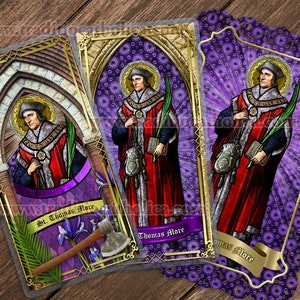 Saint St. Thomas More, patron of difficult marriages and lawyers laminated Prayer card. St. Thomas More stained glass art.