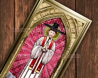 Saint Andrew Kim Taegon stained glass handcrafted framed print. 7x14 size. St. Andrew Kim Taegon print.