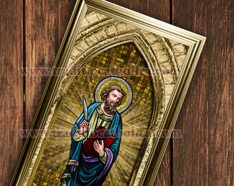 Handgjorda inramade tryck av evangelisten Matteus. Storlek 7x14. Glaskonst av evangelisten Matteus.