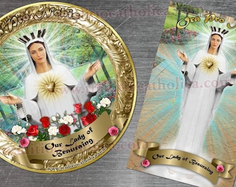 Our Lady of Beauraing, Belgium gold round 4 inch and rectangular custom refrigerator magnet. Apparitions of Mary. Beauraing statue.
