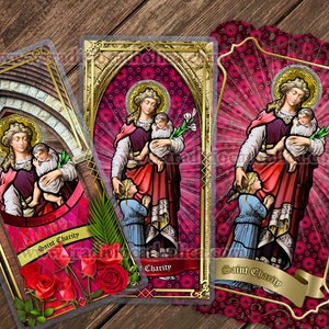 Saint Charity Stained Glass gelamineerde katholieke heilige gebedskaarten. Gebed tot St. Charity voor liefdadigheid en liefde. Liefdadigheidsgebed.
