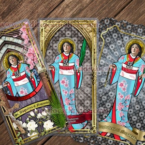 Heilige Magdalena van Nagasaki, beschermheilige van het Japanse volk, gebrandschilderd glas gelaagd en kant katholieke heilige gebedskaarten. St. Magdalena-gebeden.