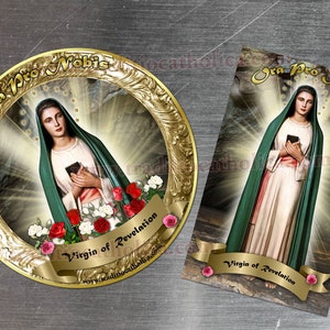 Virgin of Revelation, Rome Italy gold round and rectangular custom refrigerator magnets. Virgin of Revelation statue.