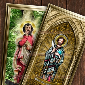 Saint Bartholomew Nathanael the Apostle handcrafted framed prints. 7x14 size. St. Bartholomew the Apostle stained glass art.