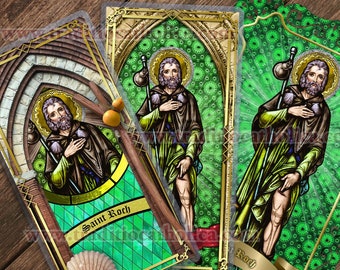 Saint St Roch (Rocco), patron saint of pandemics and knee problems Stained Glass laminated Holy Prayer card. Stained Glass Card Collection.