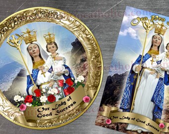 Our Lady of Good Success, Ecuador gold round 4 inch and rectangular custom refrigerator magnets. Our Lady of Good Success statue.