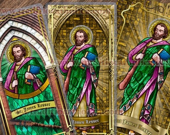 Saint James the Lesser the Apostle Catholic Holy Prayer Cards. St. James the Less stained glass art. St. James the Less laminated cards.