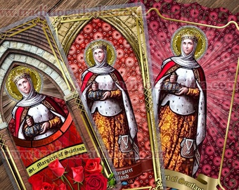 Saint Margaret of Scotland Traditional Catholic stained glass Holy Prayer cards. Lace cards of St. Margaret