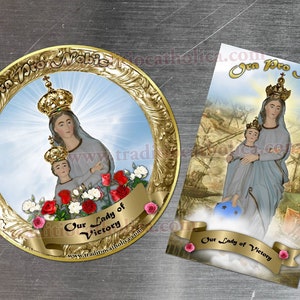 Our Lady of Victory gold round and rectangular custom refrigerator magnets. Our Lady of Victory statue.