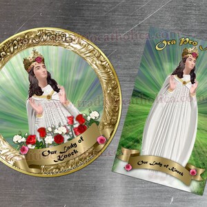 Nossa Senhora de Knock, Irlanda, ímãs de geladeira personalizados, redondos e retangulares, dourados. Estátua de Nossa Senhora de Knock.