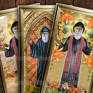 Saint Charbel Makhlouf, Lebanon handcrafted framed prints. 7x14 size. Great Saints Collection. St. Charbel statue and stained glass art.