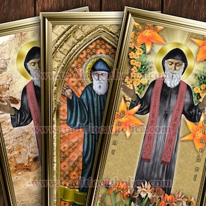 Saint Charbel Makhlouf, Lebanon handcrafted framed prints. 7x14 size. Great Saints Collection. St. Charbel statue and stained glass art.