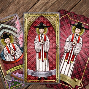 Saint St. Andrew Kim Taegon, Korea beschermheer van Koreaanse priesters Gebrandschilderd glas gelamineerde heilige gebedskaarten. Koreaanse heilige.