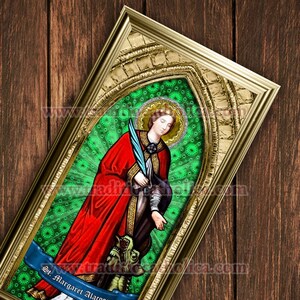 Saint Margaret of Antioch stained glass handcrafted framed print. 7x14 size.