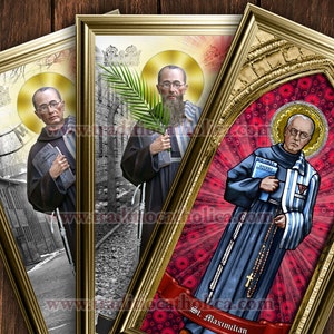 Saint Maximilian Kolbe stained glass handcrafted framed print. 7x14 size. St. Maximilian Kolbe print.