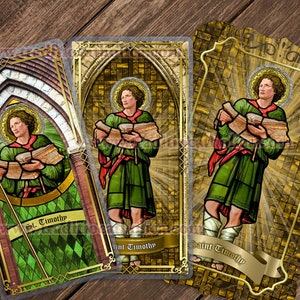 Heilige Timoteüs de Apostel Katholieke heilige gebedskaarten. St. Timoteüs glas-in-loodkunst. St. Timothy gelamineerd en kantkaarten.