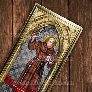 Saint Junipero Serra stained glass handcrafted framed print. 7x14 size.