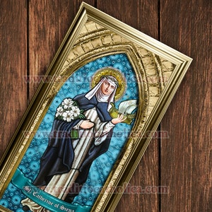 Saint Catherine of Siena stained glass handcrafted framed print. 7x14 size. St. Catherine stained glass art.