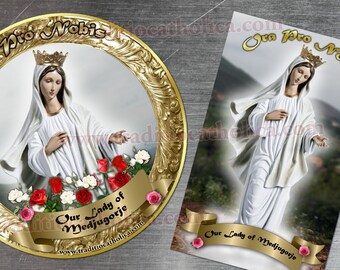 Unsere Liebe Frau von Medjugorje, Bosnien-Herzegovina Gold runde und rechteckige kundenspezifische Kühlschrankmagnete. Statue Unserer Lieben Frau von Medjugorje.