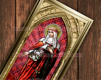 Saint Isabel of Portugal stained glass handcrafted framed print. 7x14 size.