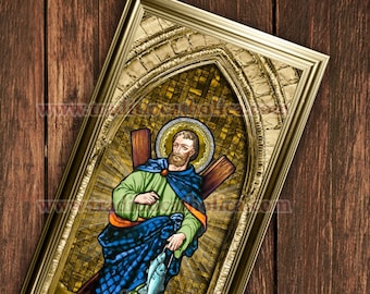 Saint Andrew the Apostle handcrafted framed prints. 7x14 size. St. Andrew the Apostle stained glass art.