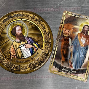 Saint Luke the Evangelist Stained Glass round and rectangular refrigerator magnets.  Saint Luke the Evangelist custom refrigerator magnets.