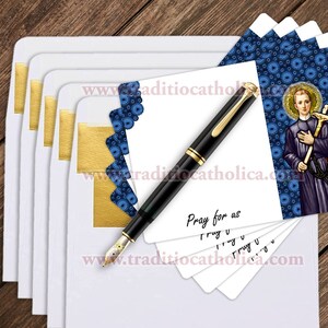 Set of Saint Gerard Majella stained glass style invite, note, thank you cards with gold-lined envelopes