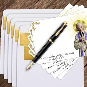 Set of Saint John Vianney invite, note, thank you cards with gold-lined envelopes