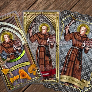 Saint Junipero Serra, patron of California, Stained Glass laminated and lace Catholic Holy Prayer cards. St. Junipero Serra prayers.