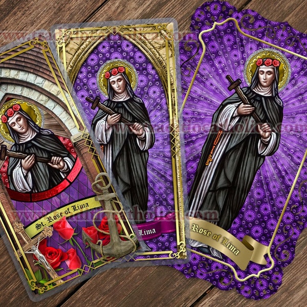 Saint Rose of Lima, patron of florists and the Americas - Stained Glass laminated Holy Prayer cards. St. Rose of Lima prayer cards.