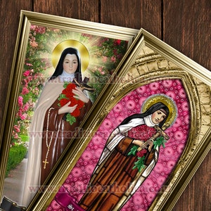 Saint Therese of Lisieux stained glass and statue handcrafted framed print. 7x14 size. St. Therese stained glass art.