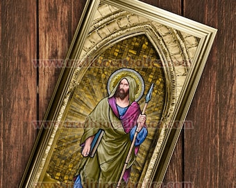 Handgemaakte ingelijste prints van Sint-Thomas de Apostel. 7 x 14 formaat. St. Thomas de Apostel glas-in-loodkunst.