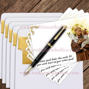 Set of Saint Anthony of Padua invite, note, thank you cards with gold-lined envelopes