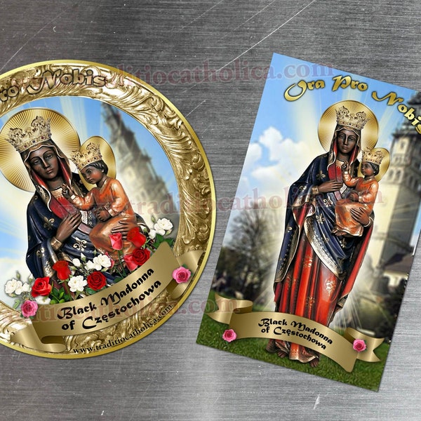 Our Lady of Czestochowa, Poland, Black Madonna gold round and rectangular custom refrigerator magnets. Czestochowa statue.