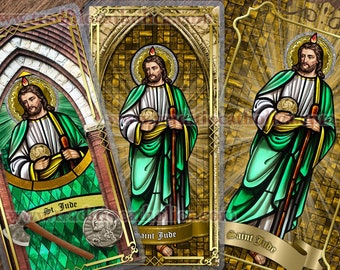 Saint Jude Thaddeus the Apostle Catholic Holy Prayer Cards. St. Jude stained glass art. St. Jude laminated and lace cards.