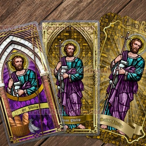 Saint Philip the Apostle Catholic Holy Prayer Cards. St. Philip stained glass art. St. Philip laminated and lace cards.