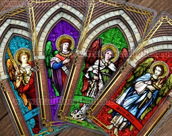 Four Archangels Stained Glass laminated Holy Prayer card set. Saint Uriel, Saint Michael, Saint Raphael, Saint Gabriel.