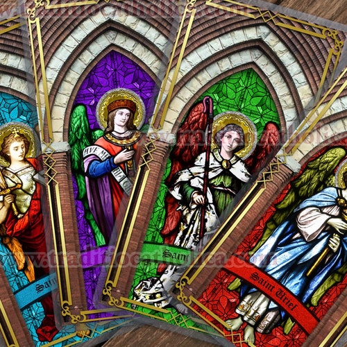 Four Archangels Stained Glass laminated Holy Prayer card set. 10% OFF. Saint Uriel, Saint Michael, Saint Raphael, Saint Gabriel. 5mil