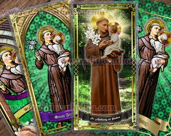 Saint Anthony, lost articles - Stained Glass and statue laminated Holy Prayer cards. Intercession prayers to St. Anthony