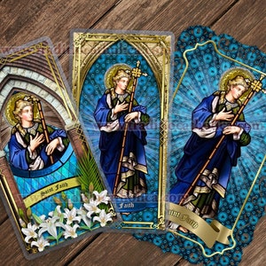 Saint Faith gebrandschilderd glas gelamineerd katholieke heilige gebedskaarten. Gebed tot St. Faith voor geloof. Geloofsgebed.