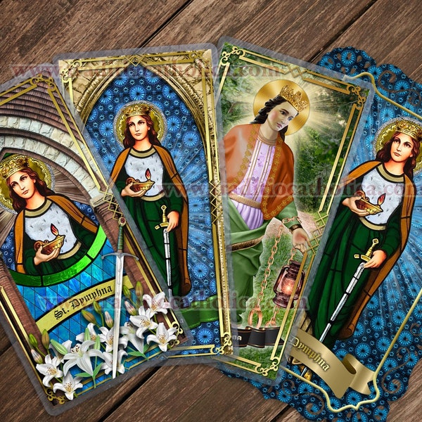 Sainte Dymphna, Irlande, cartes de prière plastifiées. Maladie mentale. Saints irlandais. Versions vitrail et statue.