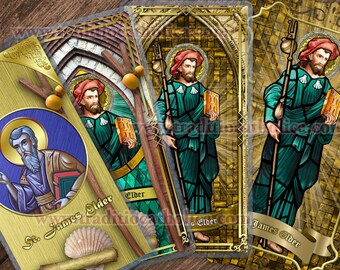 Cartões de Oração Católica de São Tiago, o Velho, o Apóstolo. Arte em vitral de São Tiago, o Velho. Cartões laminados e rendados de São Tiago.