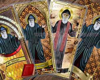 Saint Charbel Stained Glass and statue art laminated Catholic Holy Prayer cards. Prayer to St. Charbel.