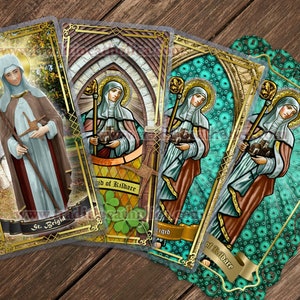 Saint Brigid of Ireland Kildare Stained Glass and Statue laminated Holy Prayer cards. Irish Saints. St. Brigid Art.