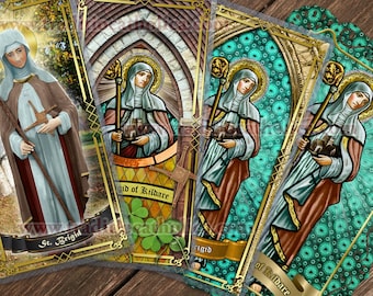 Saint Brigid of Ireland Kildare Stained Glass and Statue laminated Holy Prayer cards. Irish Saints. St. Brigid Art.