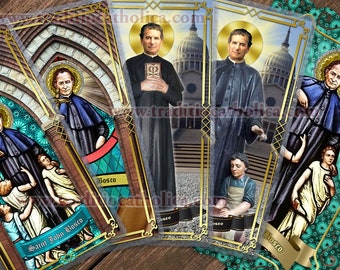 Saint John Bosco patron of boys and students laminated Holy Prayer cards. Stained Glass and statue art cards of St. John Bosco.