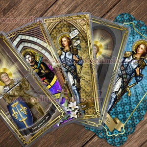 Saint Joan of Arc, France laminated Holy prayer cards. St. Joan Statue and stained glass Art.